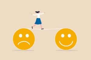 Illustrated woman walking a tightrope from a yellow sad face to a yellow happy face.