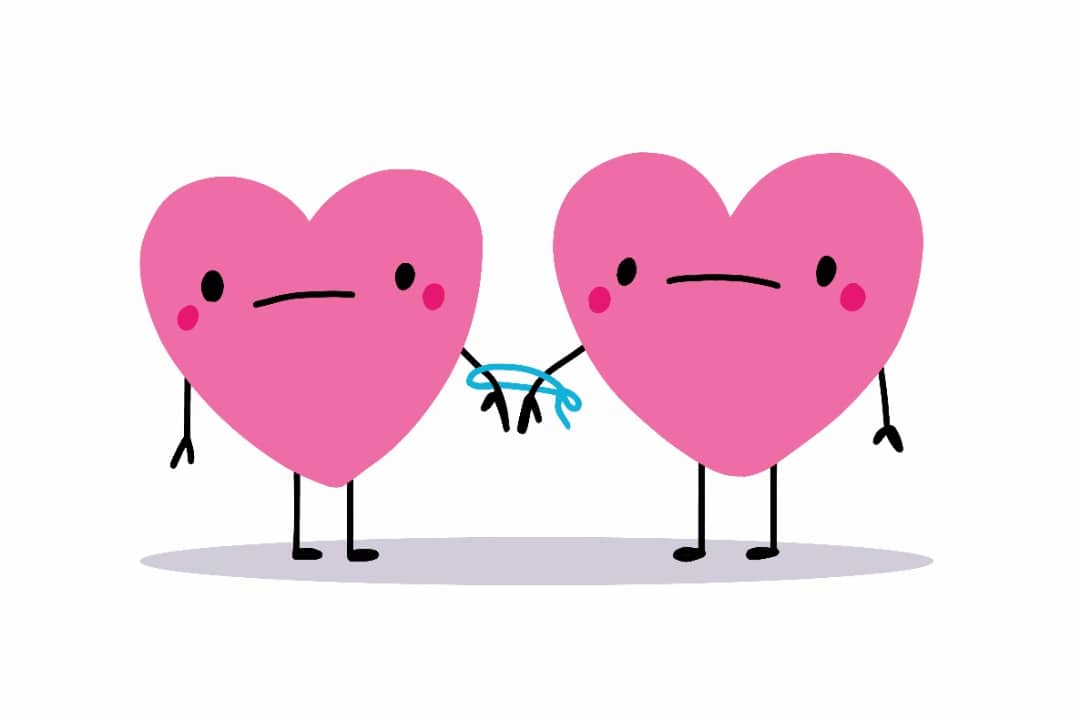 Two cartoon hearts looking blankly at each other. They have arms and legs. Their hands are tied together with blue string.