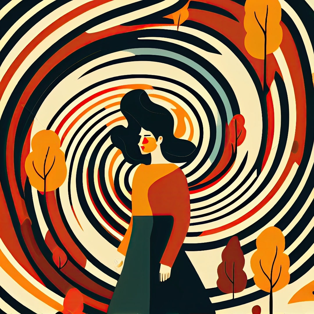 Illustrated woman in the center of a big swirl of colors.