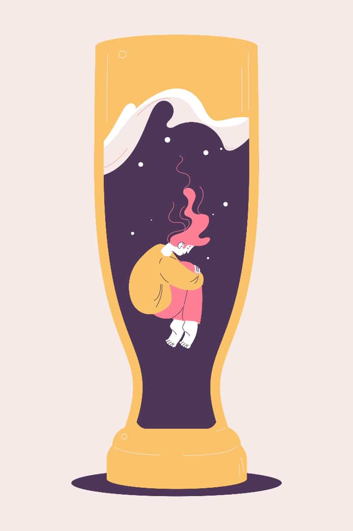 Illustration of a person floating in a beer glass looking sad.