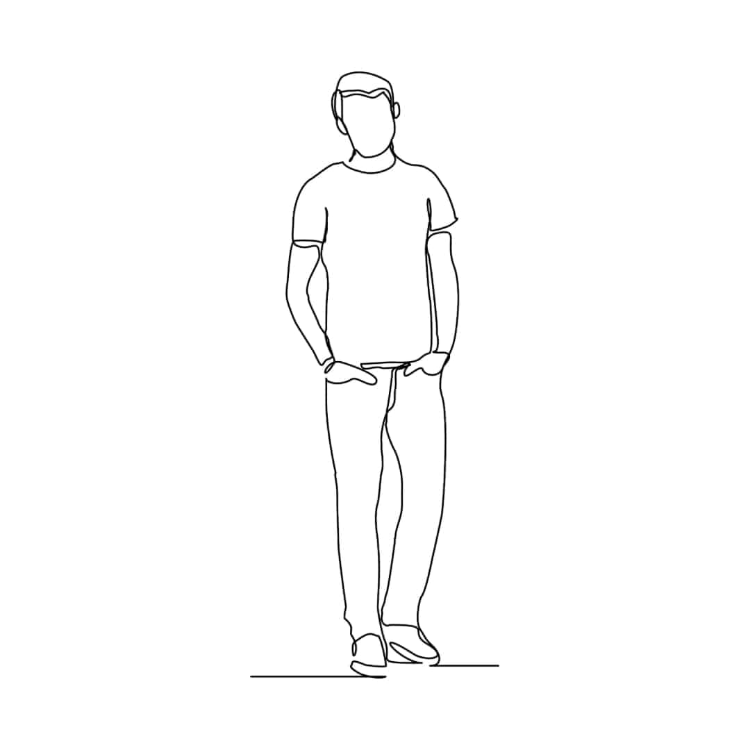 A line drawing of a man standing with his hands in his pockets.