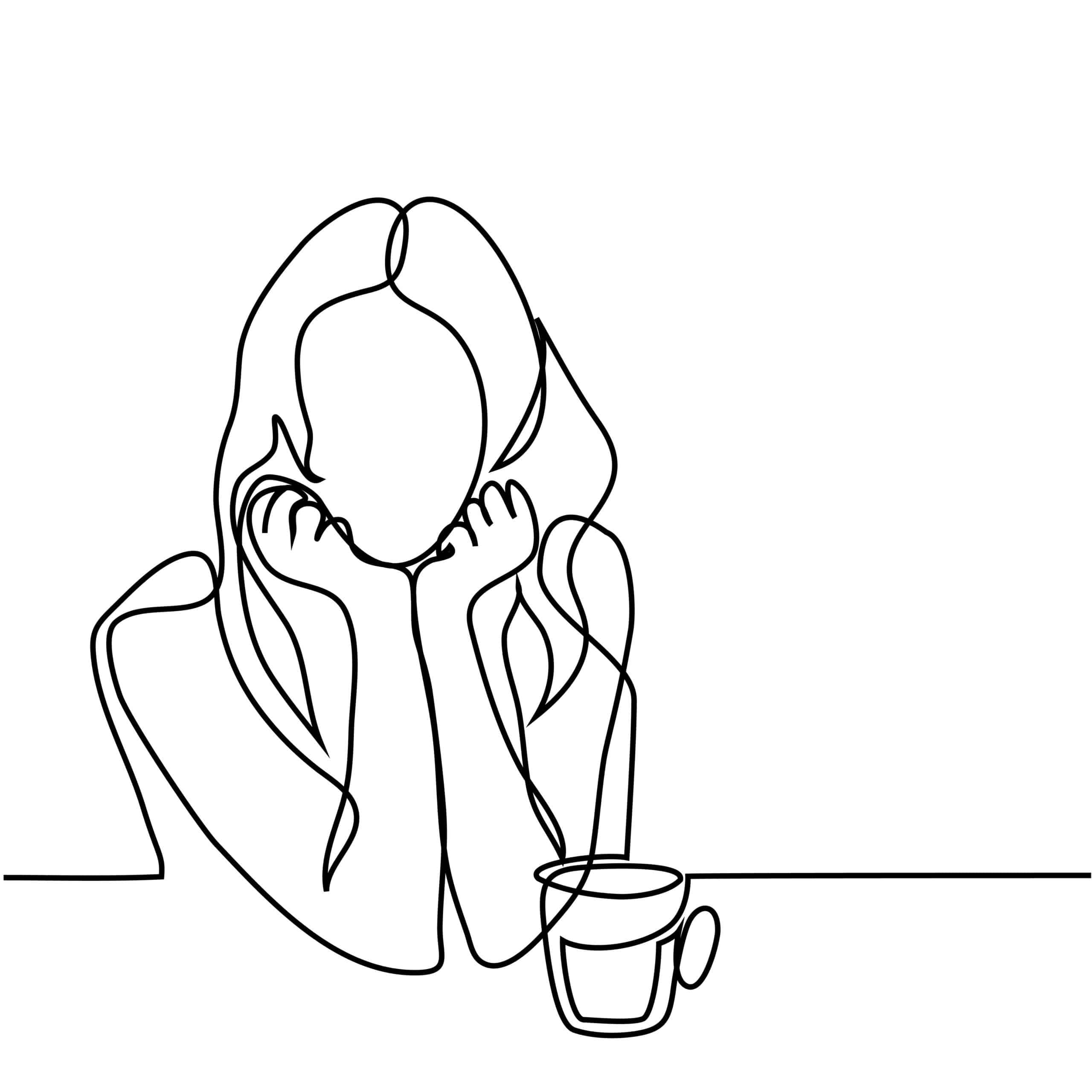 Line drawing of woman sitting with a coffee cup.